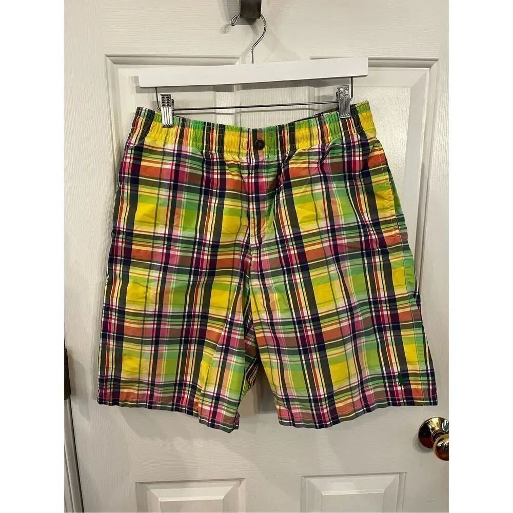 Polo Ralph Lauren Yellow Easter Plaids Bostd Shorts Swim Trunks sz EUC